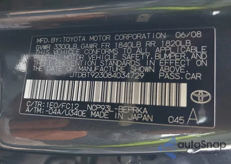 2008 Toyota Yaris from USA, damaged, VIN JTDBT923084034729